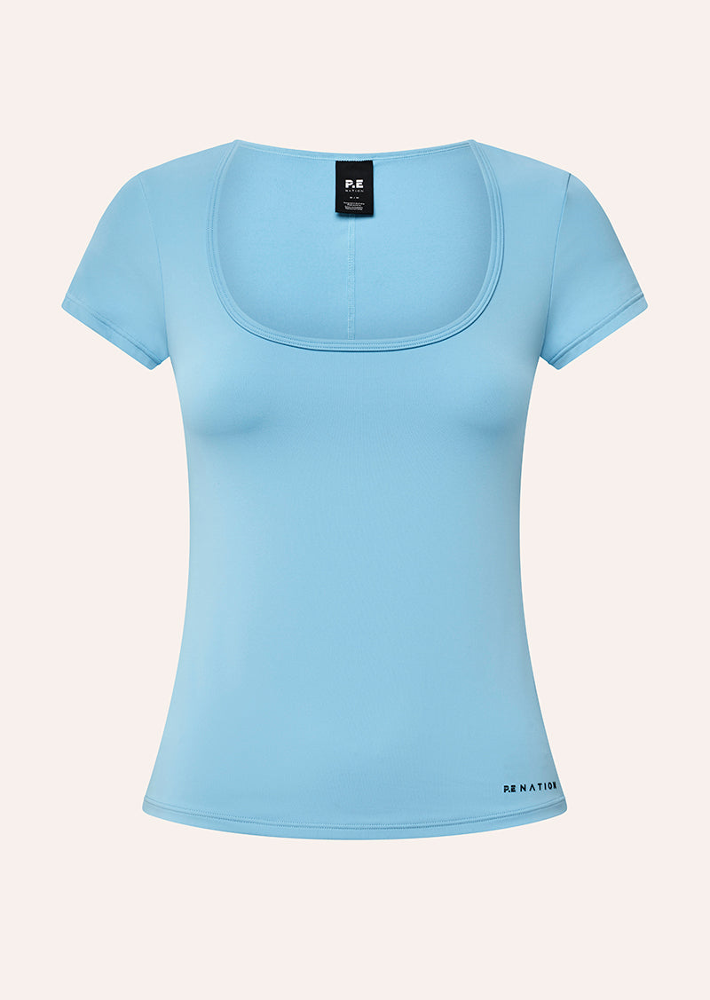 FOUNDATION SCOOP SHORT SLEEVE TOP IN ALASKAN BLUE BY P.E NATION, WOMEN'S ATHLEISURE SHORT SLEEVE TOP