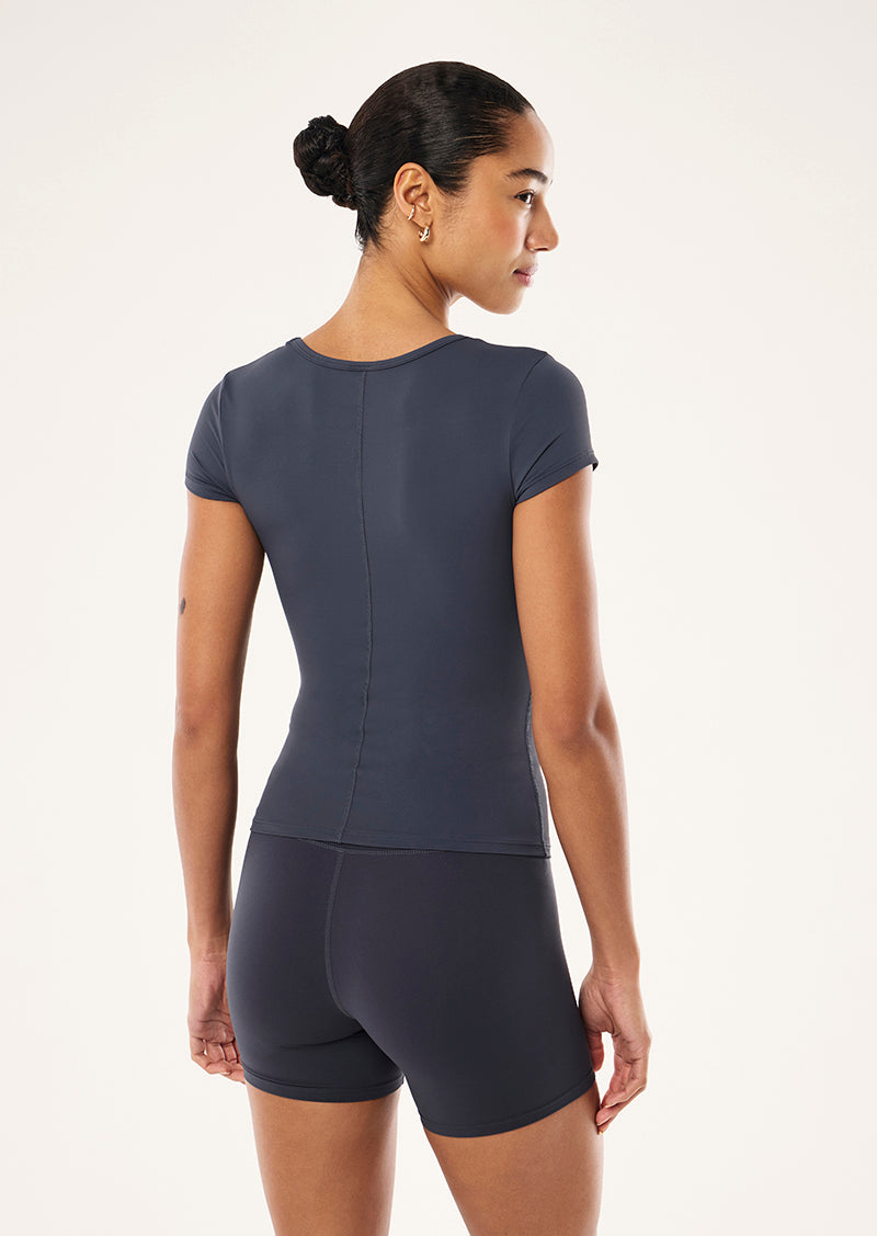 FOUNDATION SCOOP SHORT SLEEVE TOP IN MARINE BLUE BY P.E NATION, WOMEN'S ATHLEISURE SHORT SLEEVE TOP