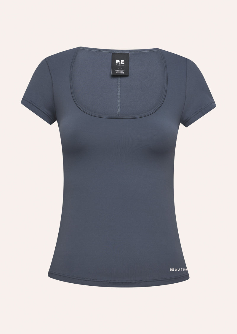 FOUNDATION SCOOP SHORT SLEEVE TOP IN MARINE BLUE BY P.E NATION, WOMEN'S ATHLEISURE SHORT SLEEVE TOP