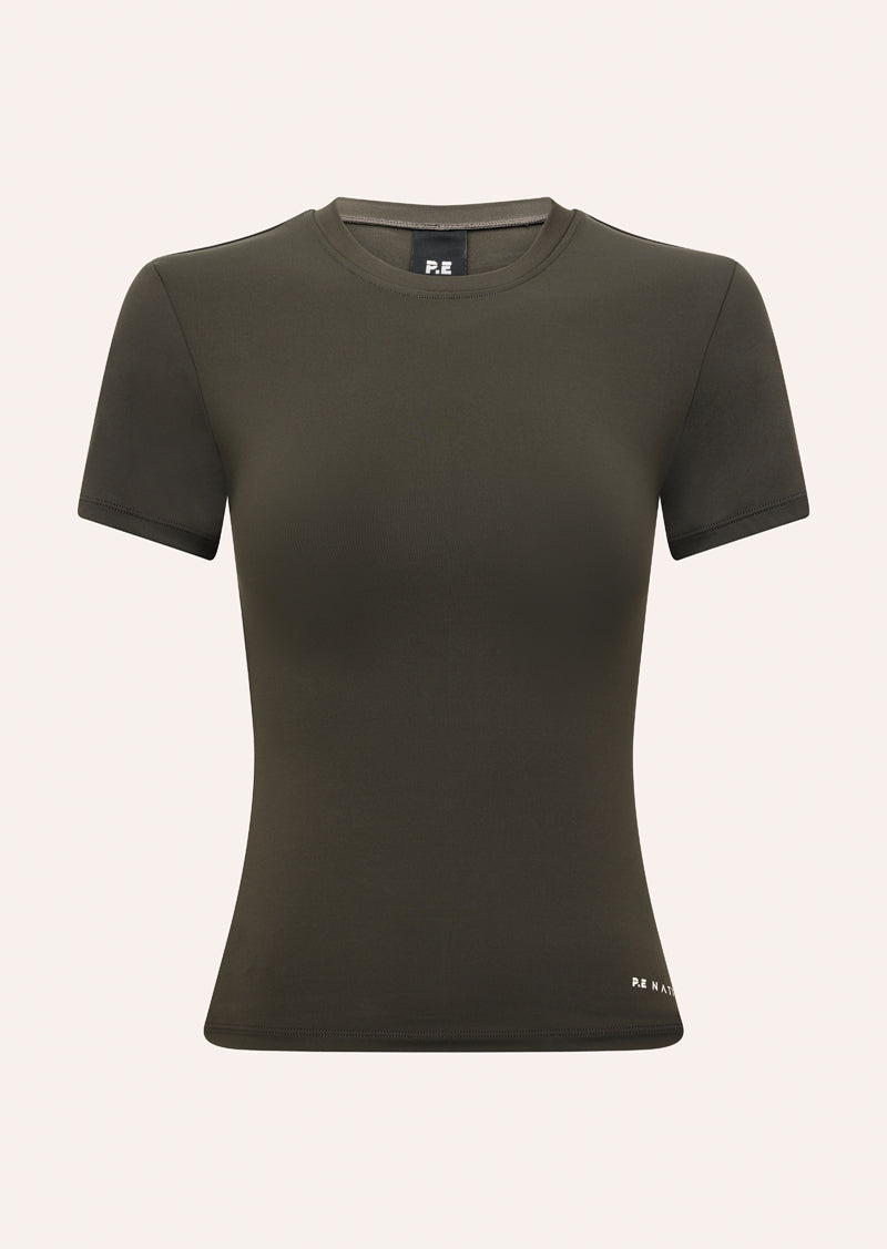 FOUNDATION SHORT SLEEVE TEE IN SMOKESTONE BY P.E NATION, WOMEN'S ATHLEISURE TEES
