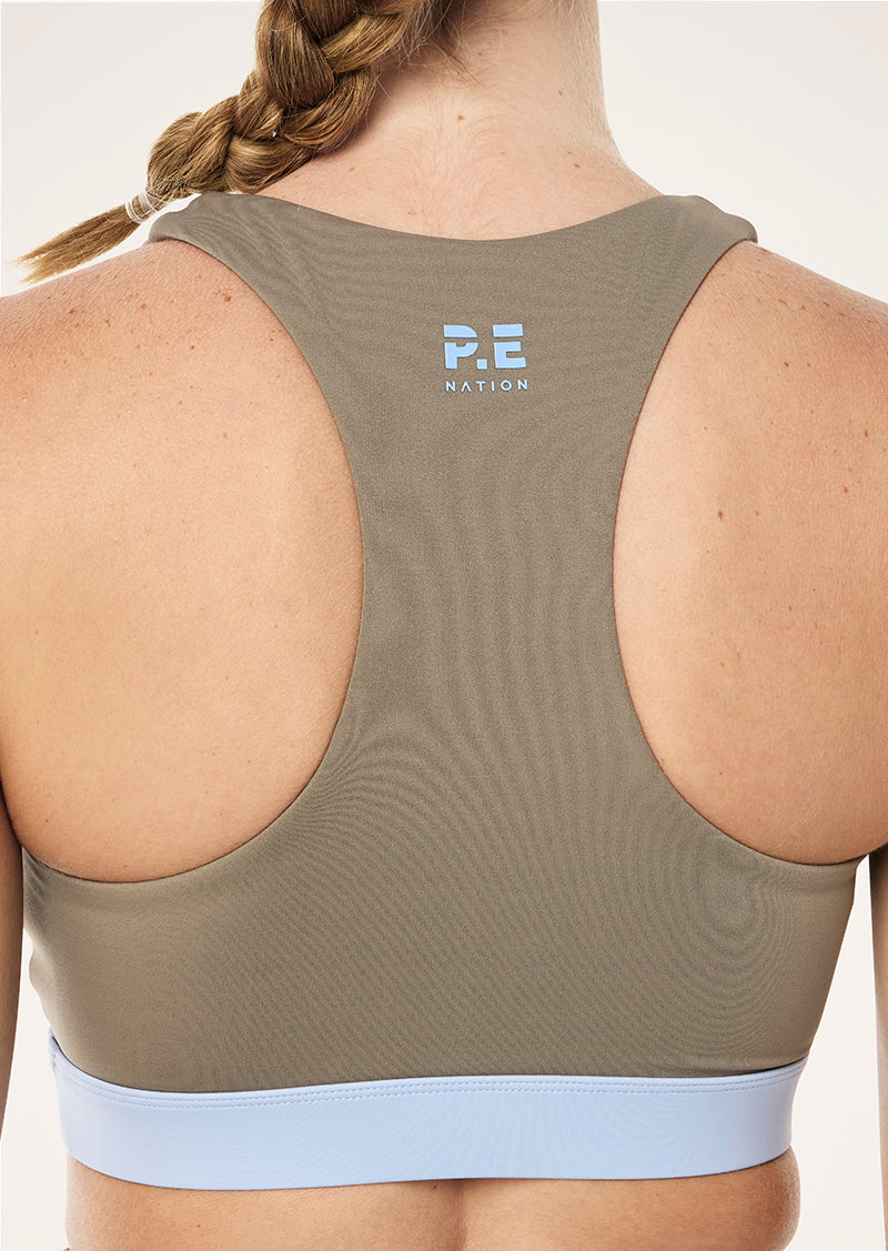 FREQUENCY SPORTS BRA IN FAWN & DUSTY BLUE