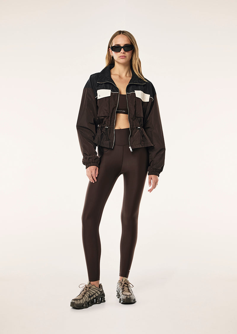 FRONTIER JACKET IN ESPRESSO BY P.E NATION, WOMENS ATHLEISURE SPRAY JACKET BROWN