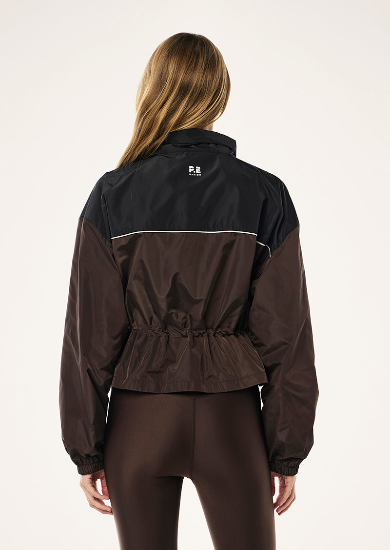 FRONTIER JACKET IN ESPRESSO BY P.E NATION, WOMENS ATHLEISURE SPRAY JACKET BROWN