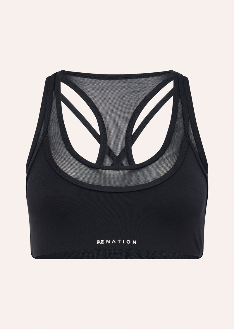 FUSION SPORTS BRA IN BLACK BY P.E NATION, WOMEN'S ATHLEISURE SPORTS BRAS
