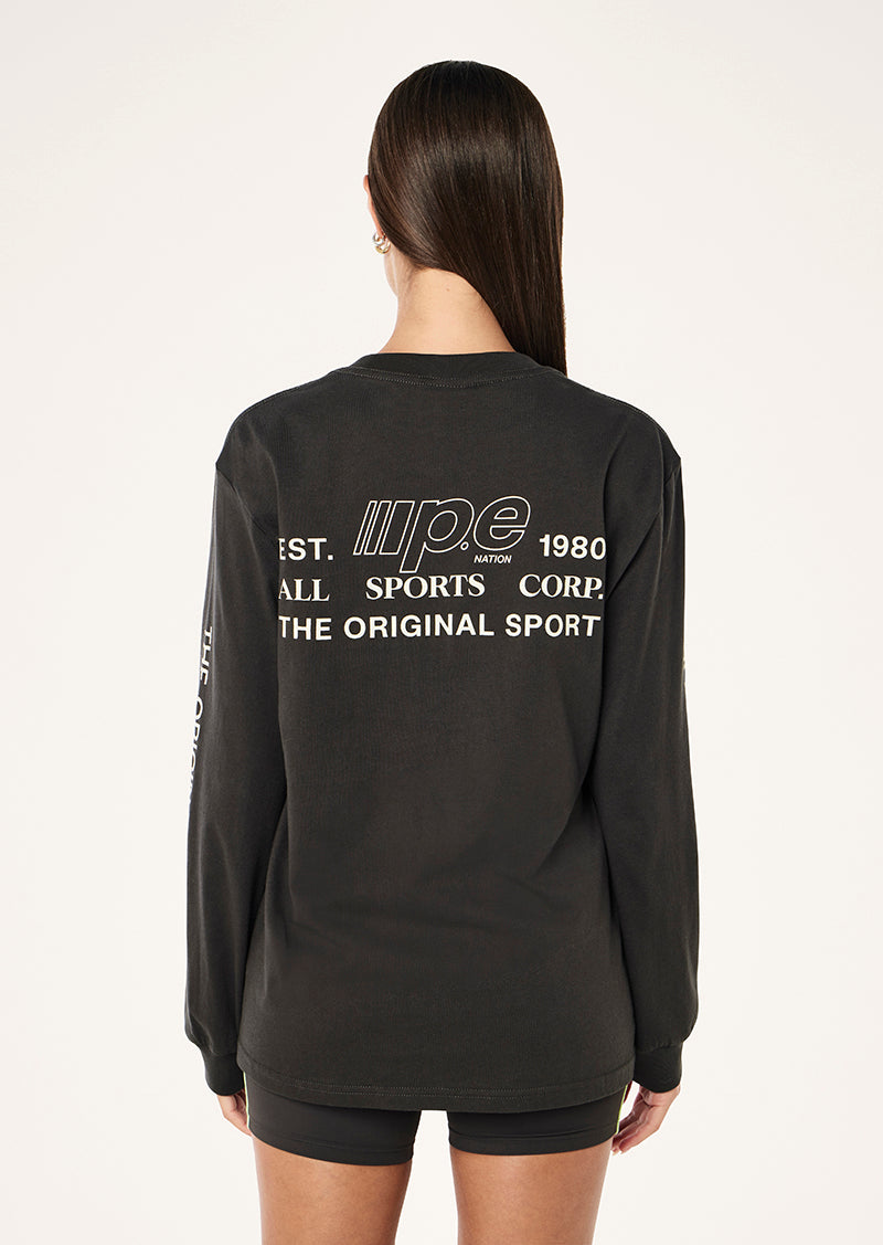 GLIDE LONG SLEEVE TEE IN CAVIAR BY P.E NATION, WOMEN'S ATHLEISURE LONG SLEEVE TEES