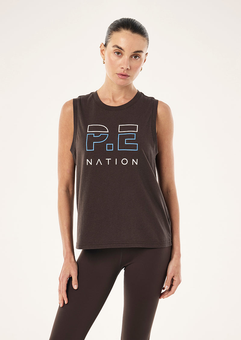 HEADS UP TANK IN COFFEE & MARINA BLUE
