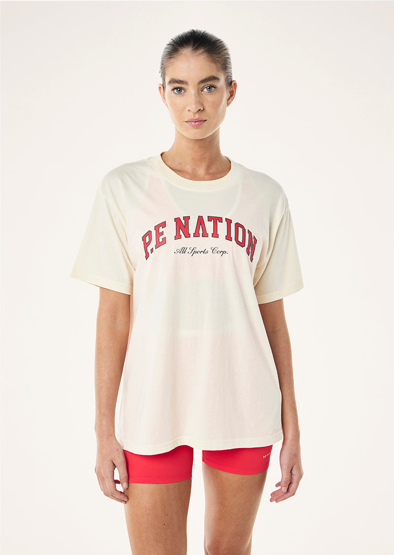 HERITAGE TEE IN WHISPER WHITE & STRAWBERRY