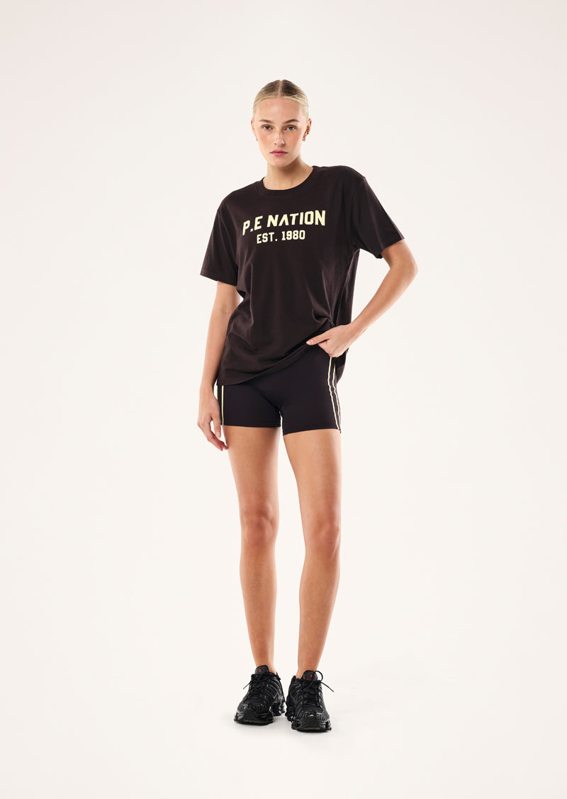 INFINITY RELAXED TEE IN BLACK BEAN BY P.E NATION, WOMEN'S ATHLEISURE RELAXED TEE