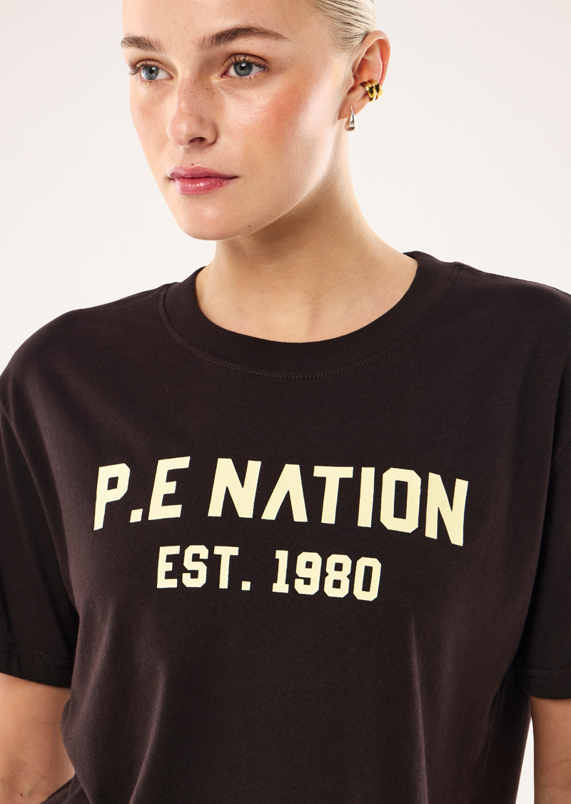 INFINITY RELAXED TEE IN BLACK BEAN BY P.E NATION, WOMEN'S ATHLEISURE RELAXED TEE