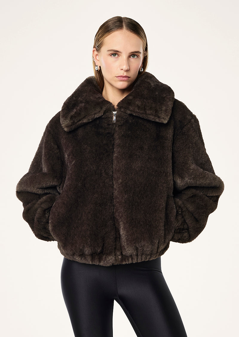 IVESS JACKET IN COFFEE BY P.E NATION, WOMEN'S ATHLEISURE FUR JACKETS