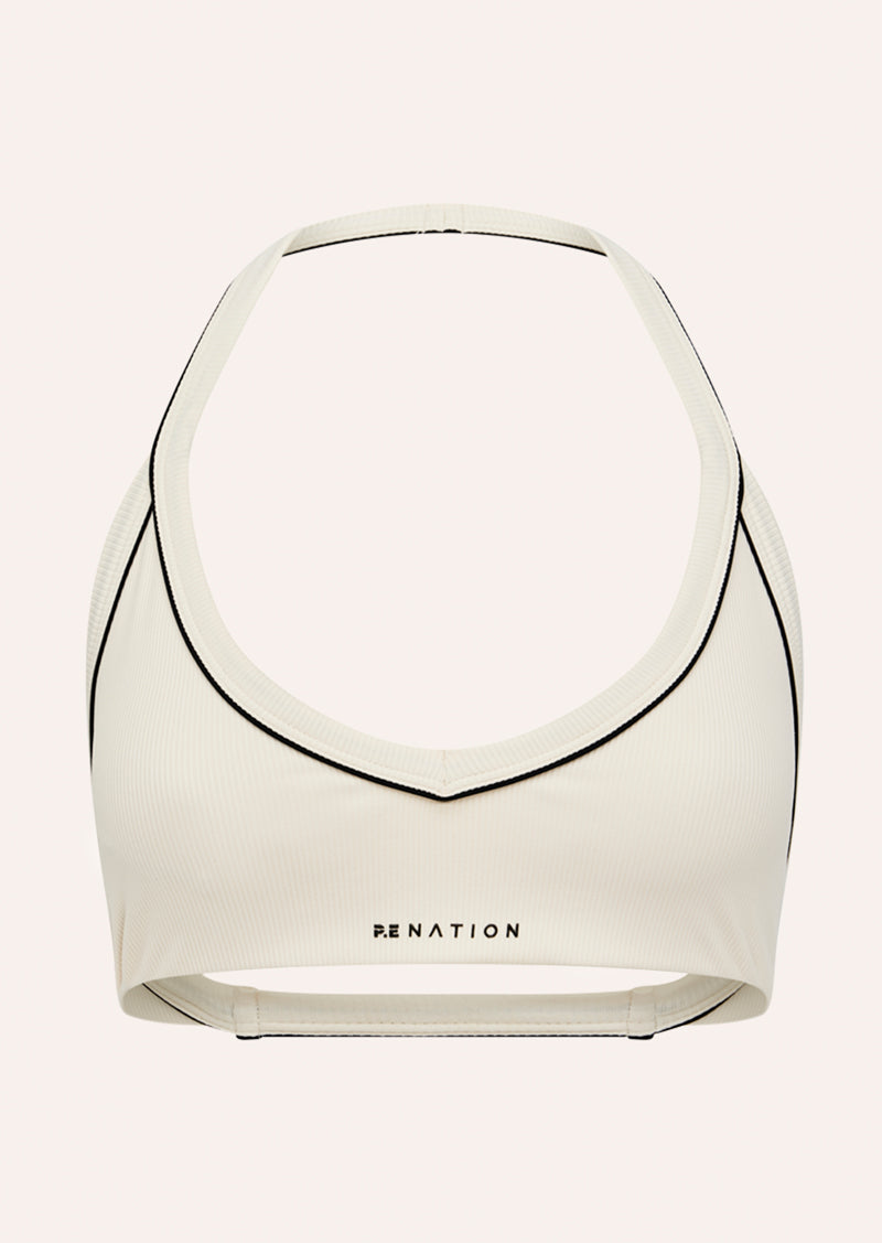 LAYBACK HALTER SPORTS BRA IN WHISPER WHITE BY P.E NATION, WOMEN'S ATHLEISURE SPORTS BRA