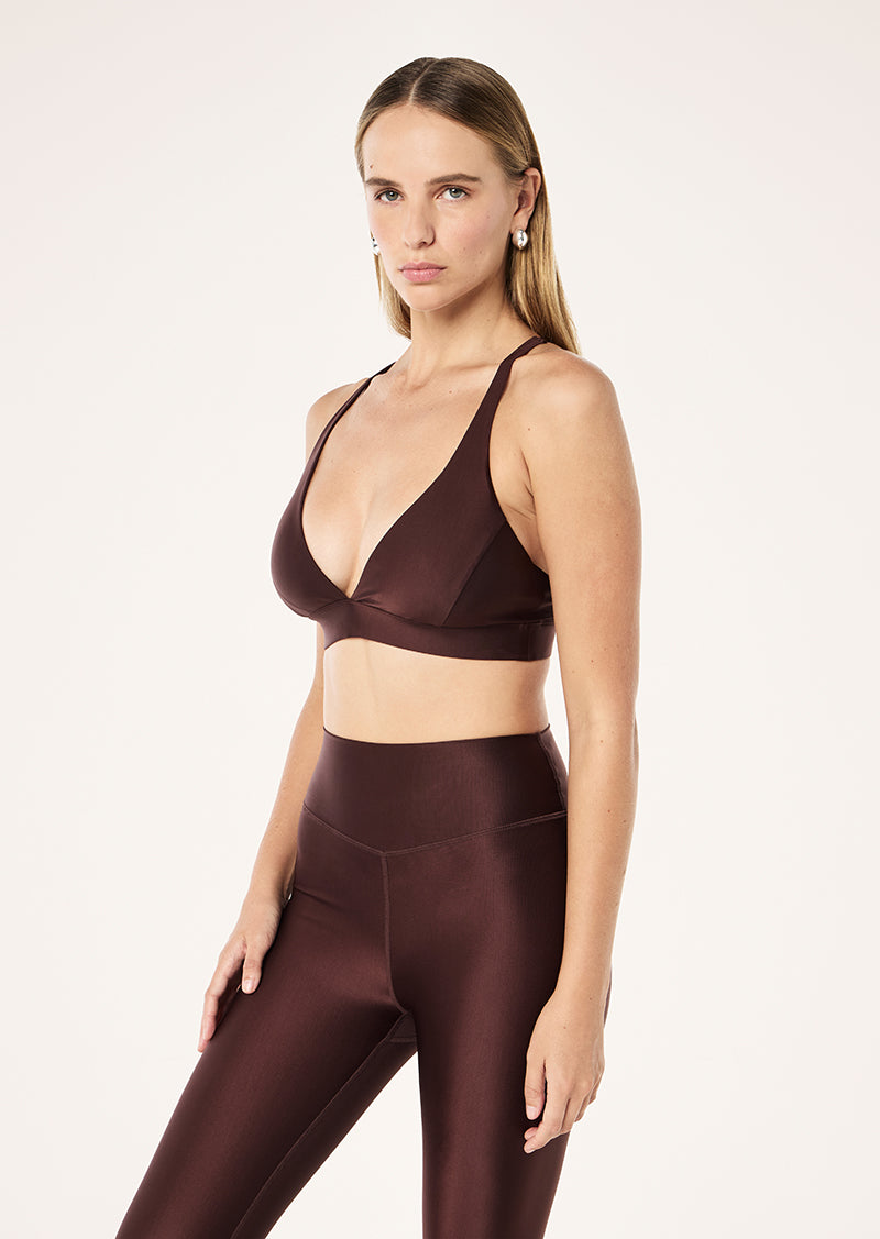 LUMEN SPORTS BRA IN MAHOGANY SHINE BY P.E NATION, WOMEN'S ATHLEISURE WOMEN'S SPORTS BRAS