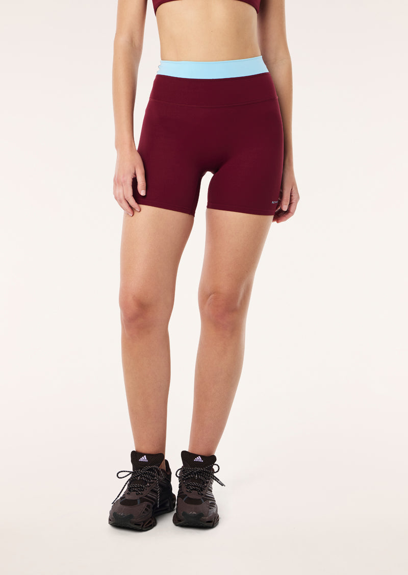 LUMINA 5" BIKE SHORT IN BURGUNDY & SKY BLUE
