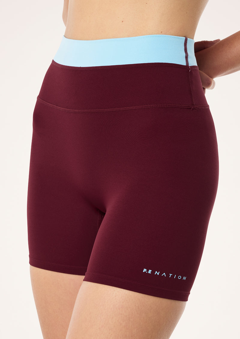 LUMINA 5" BIKE SHORT IN BURGUNDY & SKY BLUE