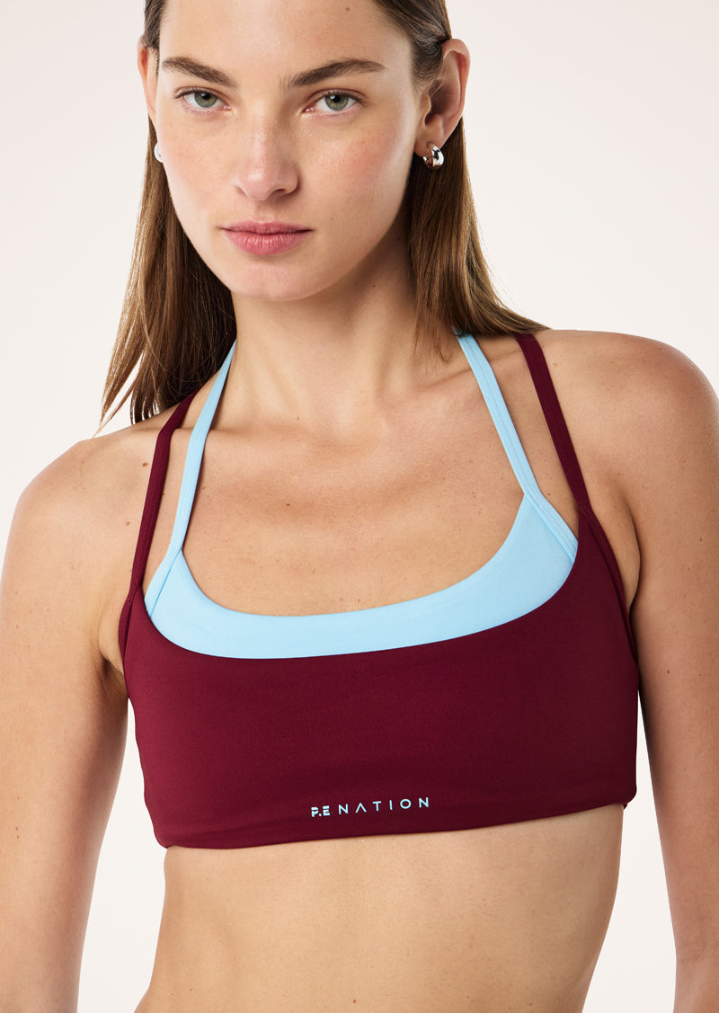 LUMINA SPORTS BRA IN BURGUNDY & SKY BLUE
