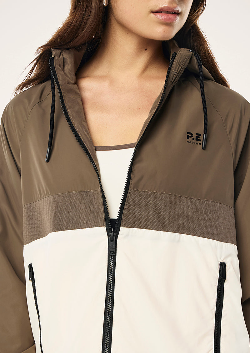 MAN DOWN JACKET IN WALNUT BY P.E NATION, WOMENS ATHLEISURE SPRAY JACKET BROWN