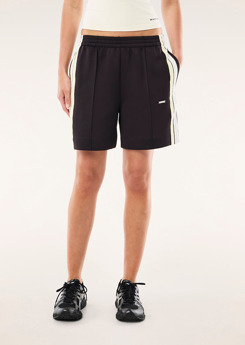 MAN DOWN TRACK SHORT IN BLACK BEAN BY P.E NATION, WOMEN'S ATHLEISURE SHORTS