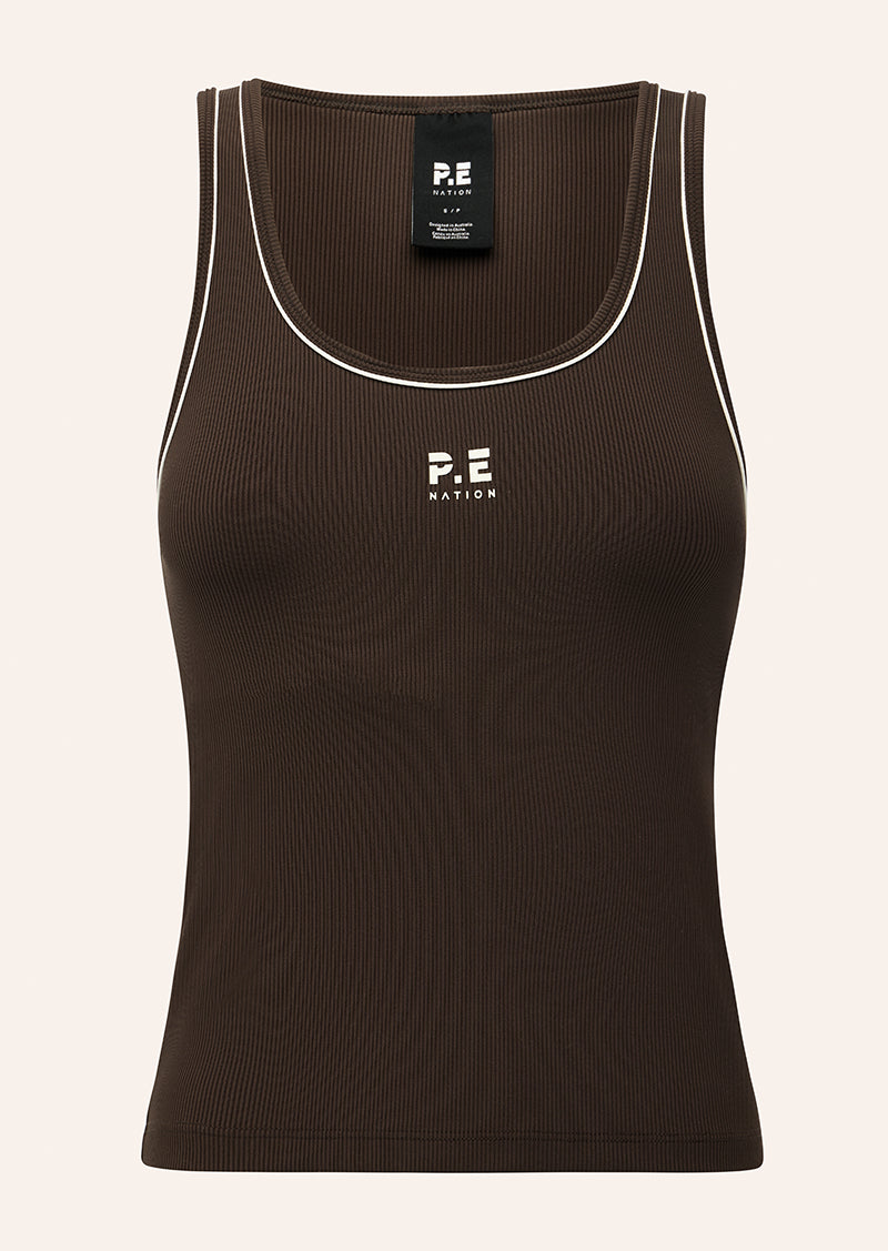 NEXUS RIB TANK IN COFFEE BY P.E NATION, WOMEN'S ATHLEISURE TANKS
