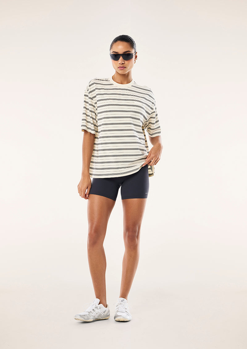 OVERSIZED SPRAK TEE IN WHISPER WHITE STRIPE BY P.E NATION, WOMEN'S ATHLEISURE OVERSIED STRIPE TEE