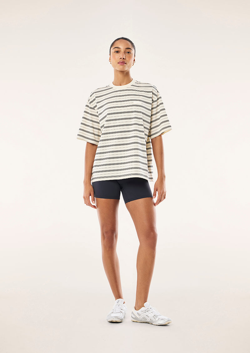 OVERSIZED SPRAK TEE IN WHISPER WHITE STRIPE BY P.E NATION, WOMEN'S ATHLEISURE OVERSIED STRIPE TEE