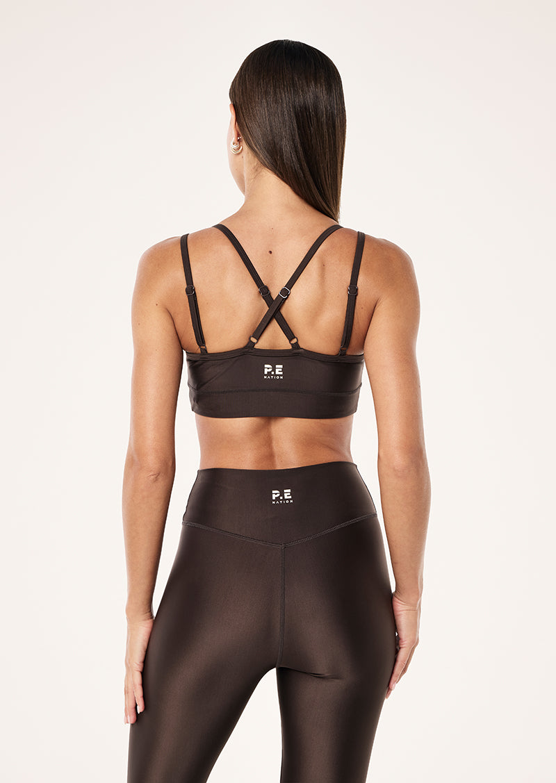 PARAMOUNT SPORTS BRA IN COFFEE SHINE BY P.E NATION, WOMEN'S ATHLEISURE SPORTS BRA