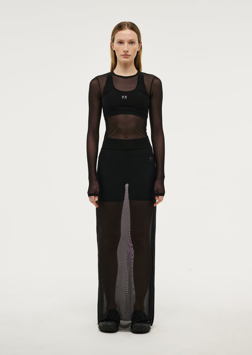 DISCOVERY MESH MIDI SKIRT IN BLACK