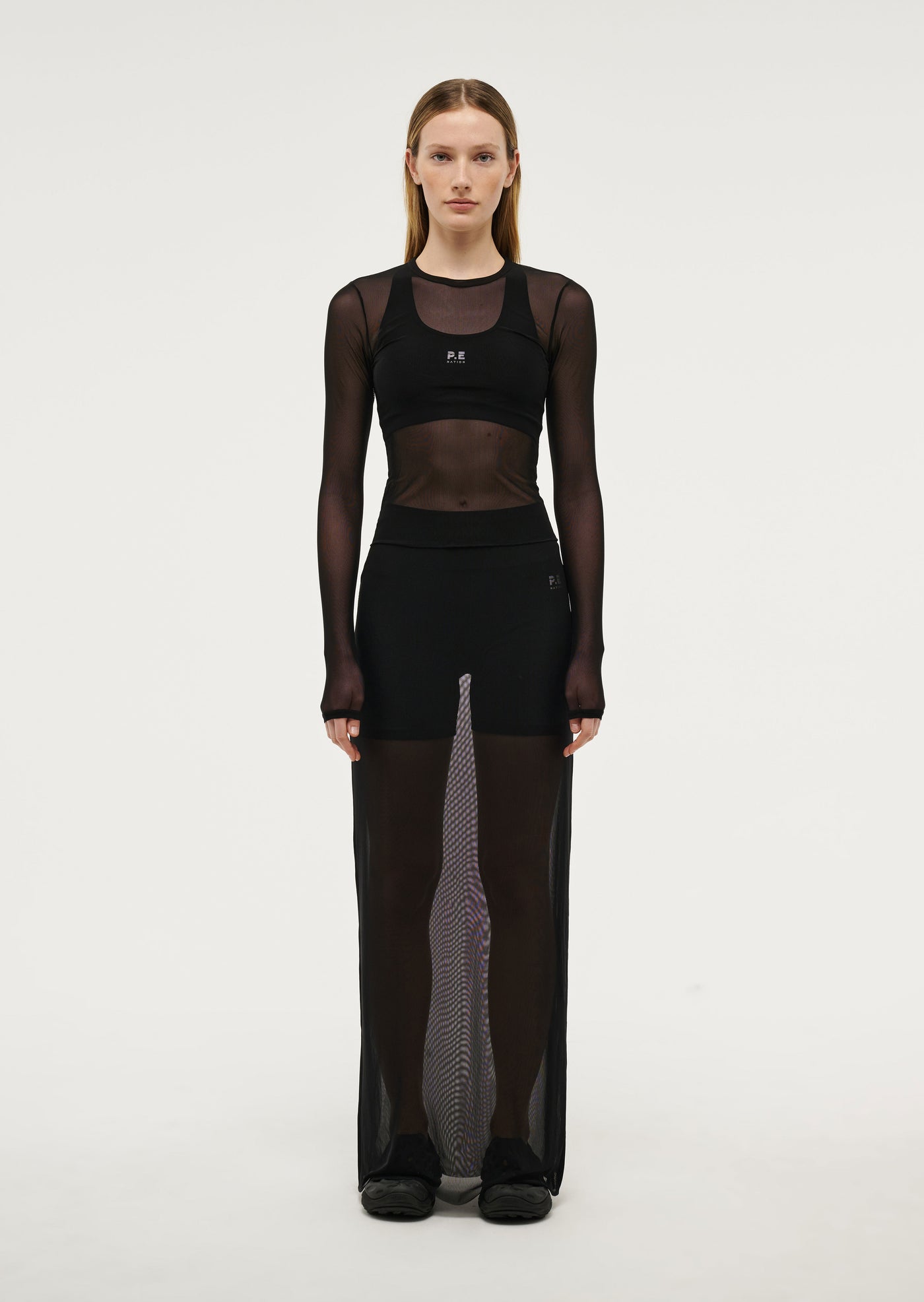 DISCOVERY MESH MIDI SKIRT IN BLACK