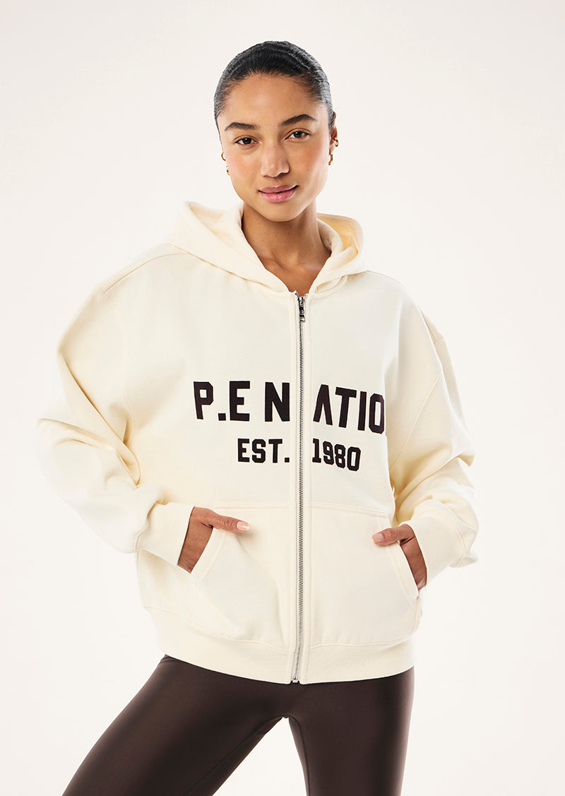 PHANTIM ZIP THRU HOODIE IN WHISPER WHITE BY P.E NATION