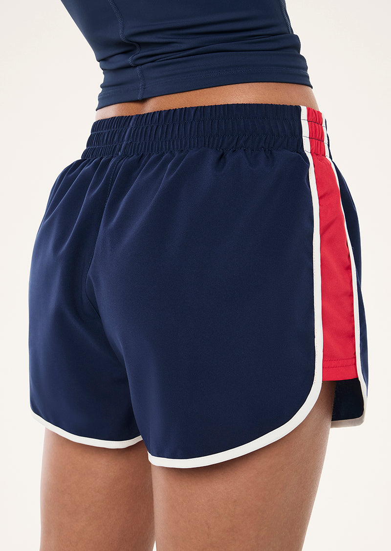 PRESET SHORT IN DARK NAVY AND STRAWBERRY BY P.E NATION, WOMEN'S ATHLEISURE RUNNING SHORTS