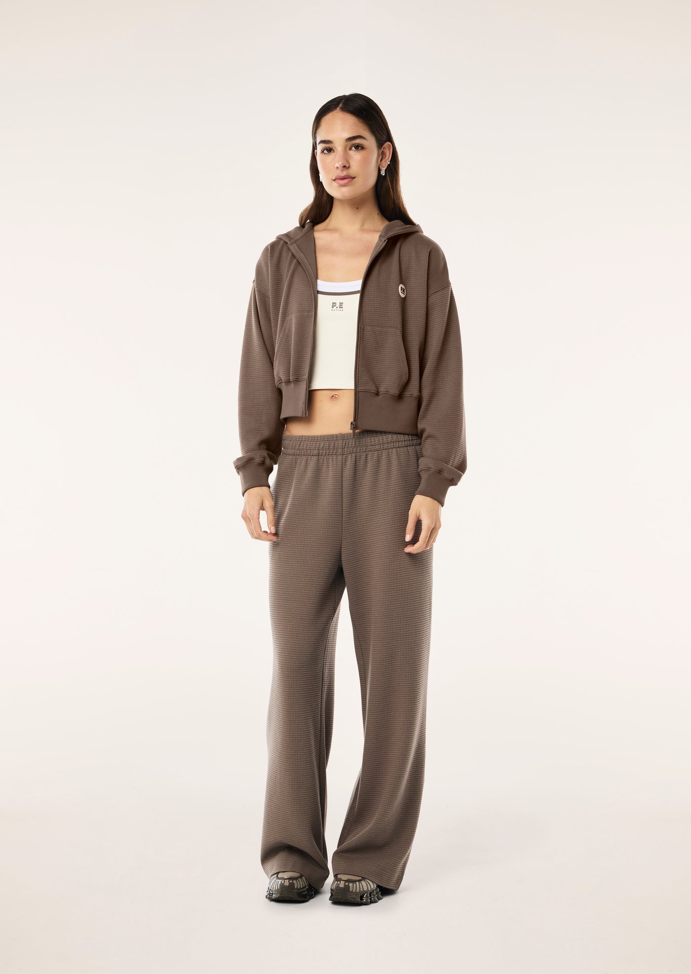PRINTEMPS ZIP THROUGH IN WALNUT BY P.E NATION, WOMENS ATHLEISURE LOUNGEWEAR WAFFLE HOODIE BROWN