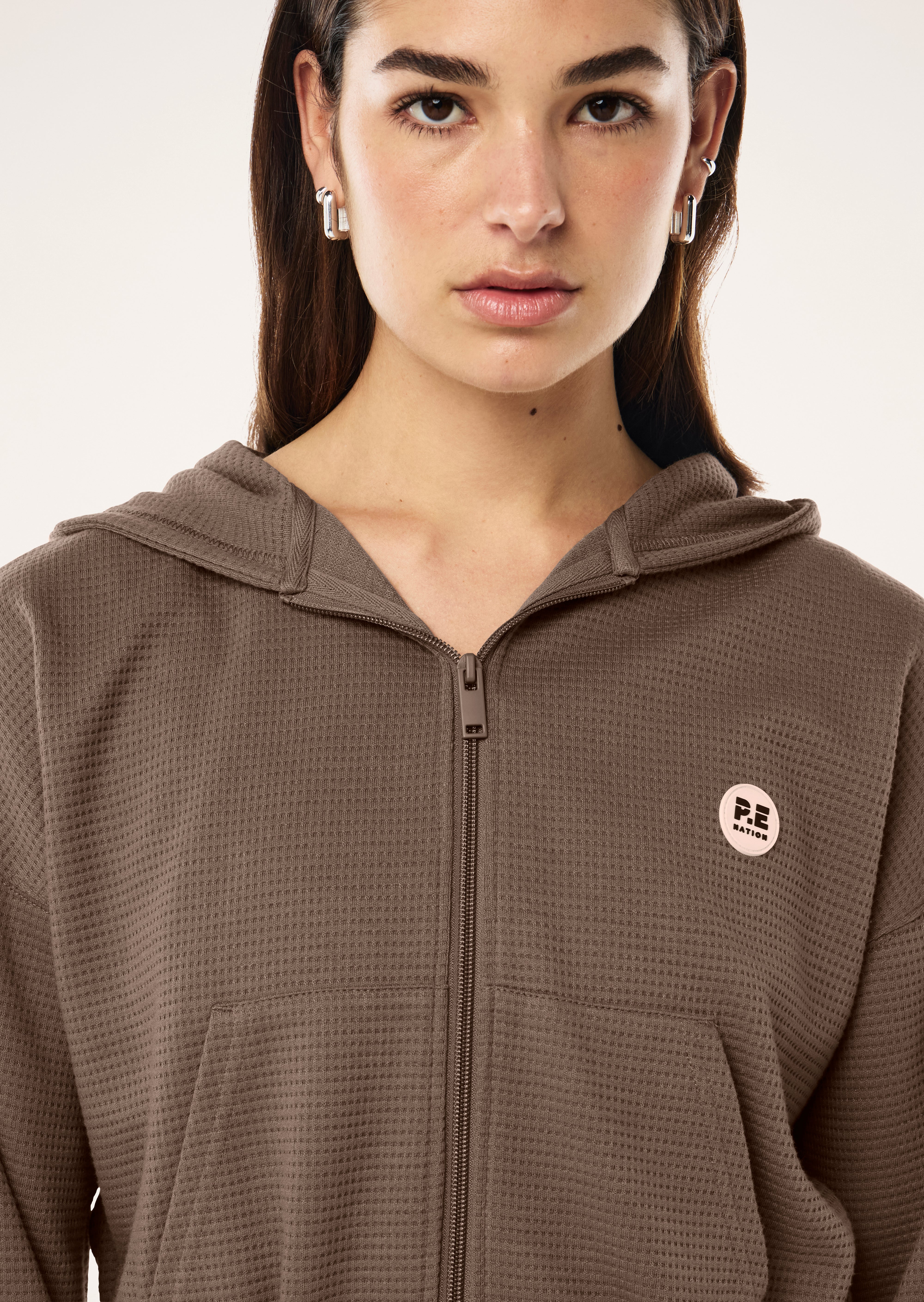 PRINTEMPS ZIP THROUGH IN WALNUT BY P.E NATION, WOMENS ATHLEISURE LOUNGEWEAR WAFFLE HOODIE BROWN