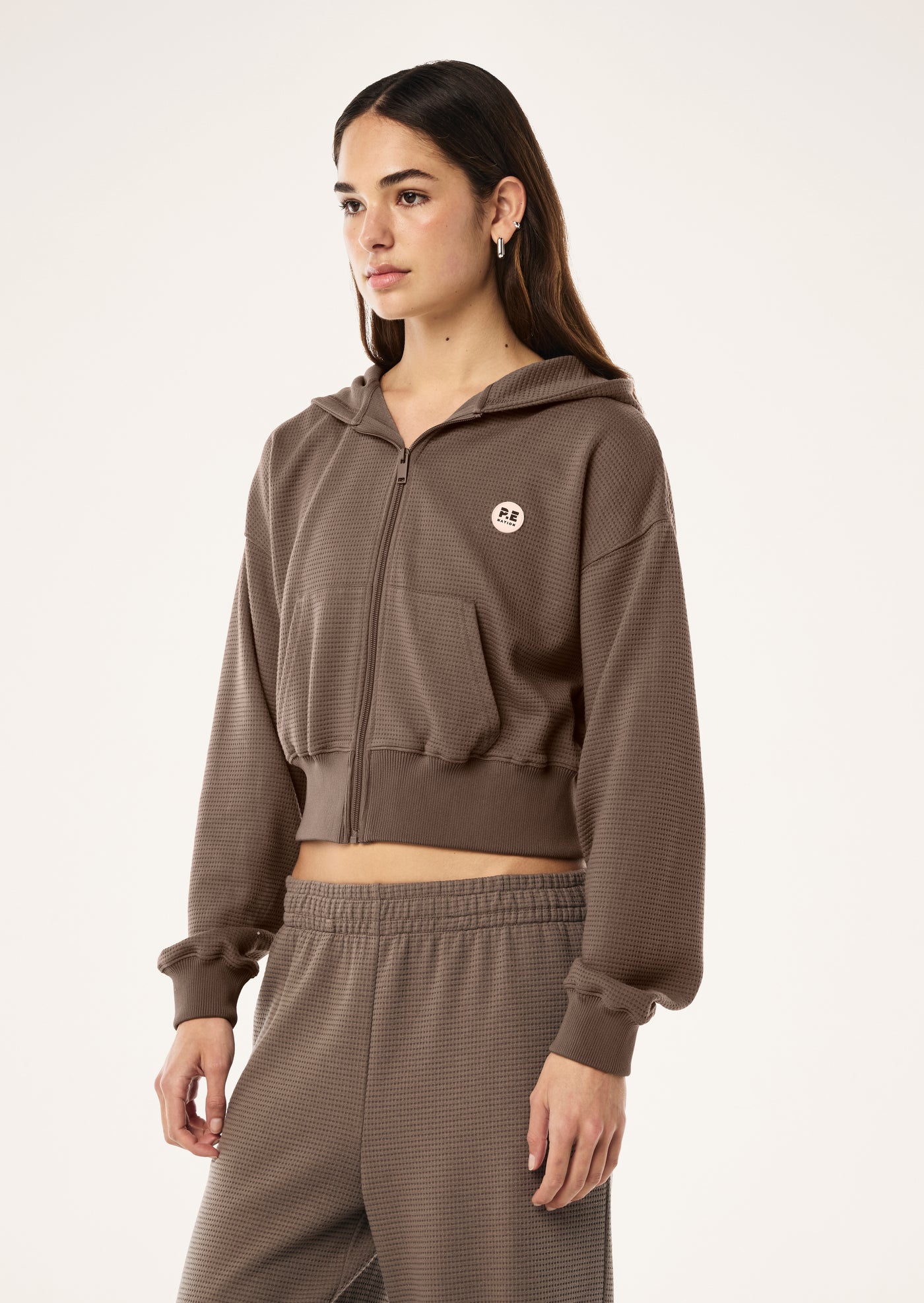 PRINTEMPS ZIP THROUGH IN WALNUT BY P.E NATION, WOMENS ATHLEISURE LOUNGEWEAR WAFFLE HOODIE BROWN
