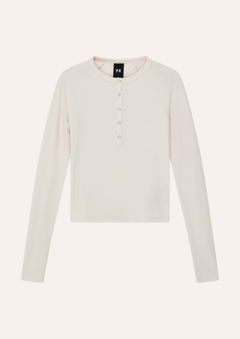 PRIVE RIB LONG SLEEVE TEE IN WHISPER WHITE BY P.E NATION, WOMENS ATHLEISURE LONG SLEEVE TOP KNIT LOUNGEWEAR CREAM