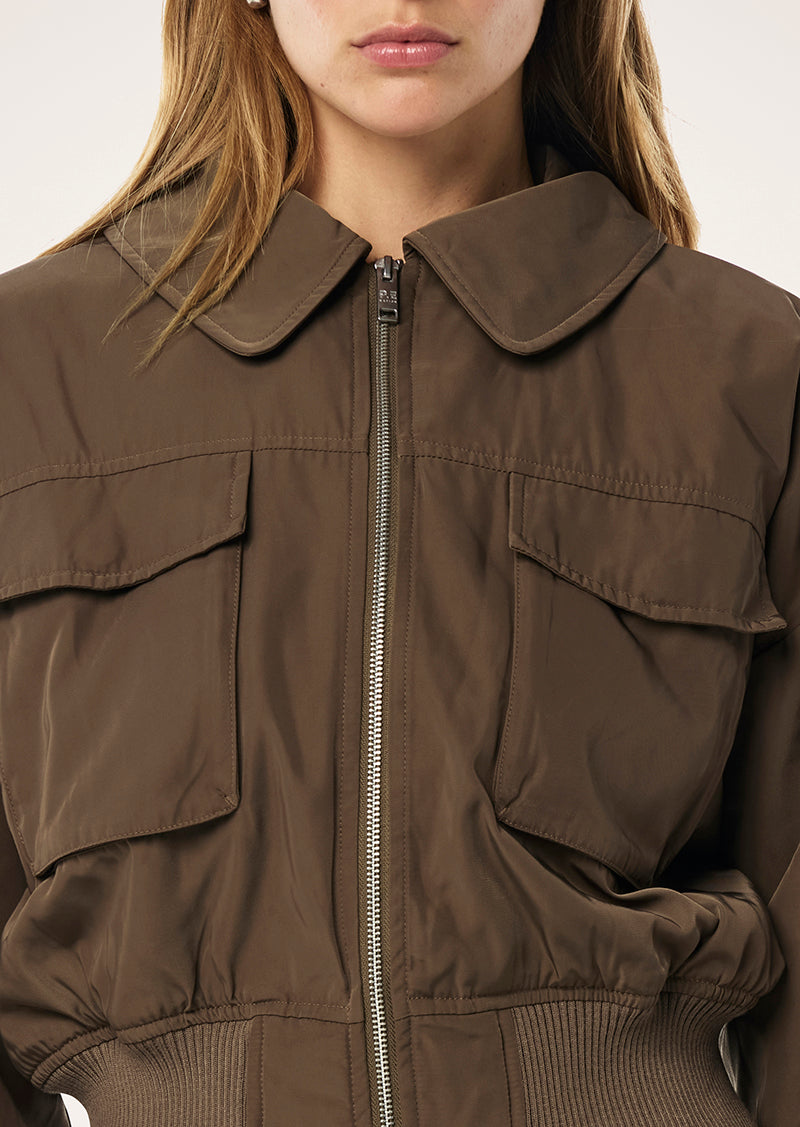 PURSUIT BOMBER IN WALNUT BY P.E NATION, WOMENS ATHLEISURE FASHION BOMBER JACKET BROWN