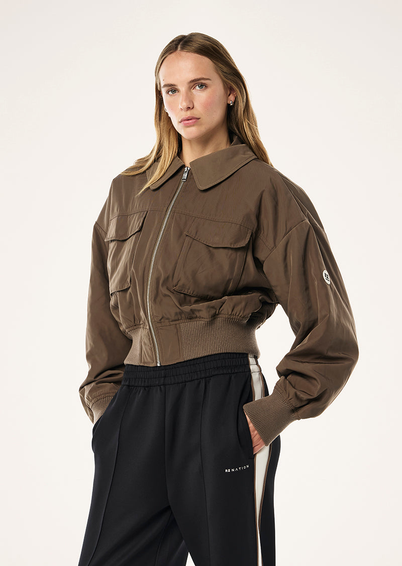 PURSUIT BOMBER IN WALNUT BY P.E NATION, WOMENS ATHLEISURE FASHION BOMBER JACKET BROWN