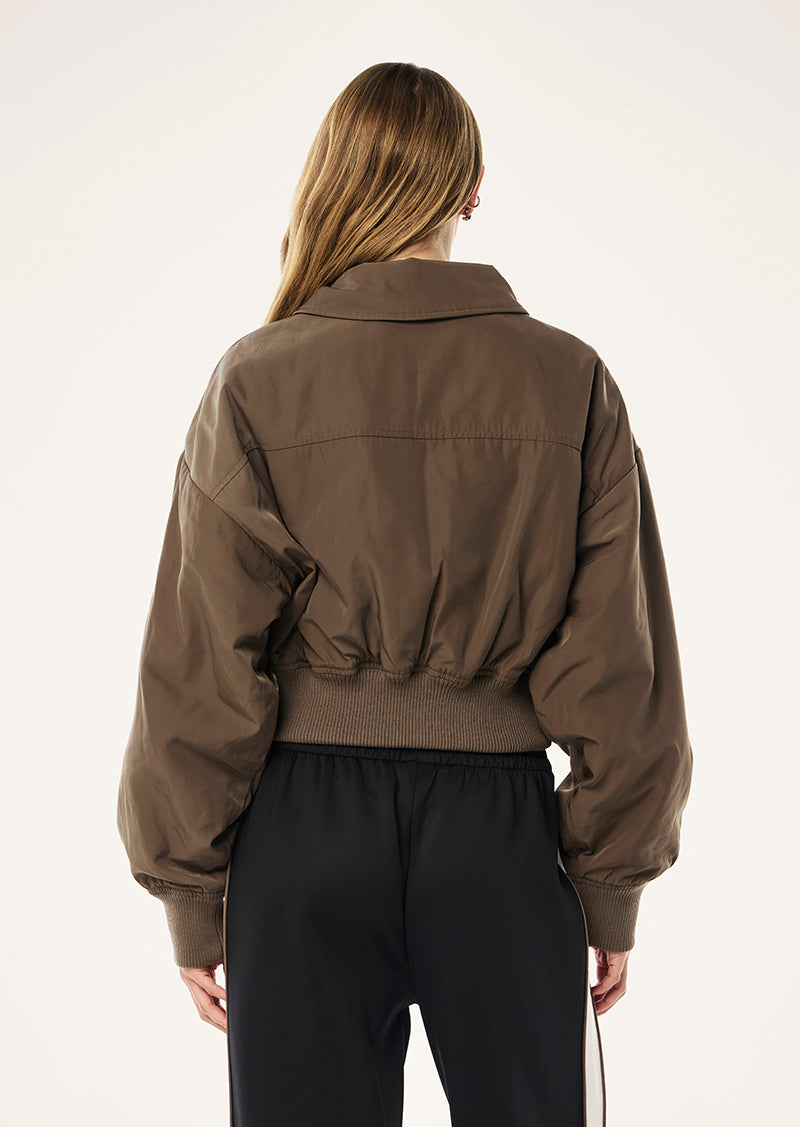 PURSUIT BOMBER IN WALNUT BY P.E NATION, WOMENS ATHLEISURE FASHION BOMBER JACKET BROWN