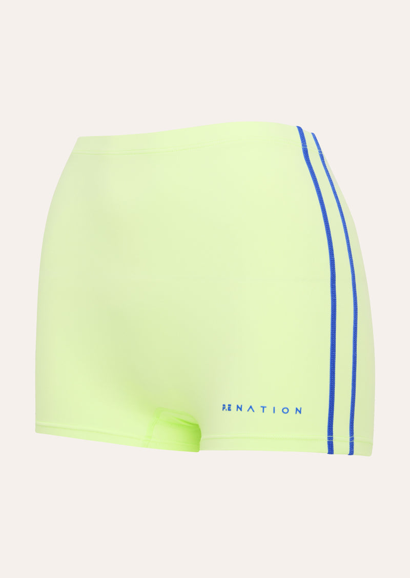 RADAR 2.5 INCH BIKE SHORT IN LIME BY P.E NATION WOMENS ATHLEISURE MINI BIKE SHORT