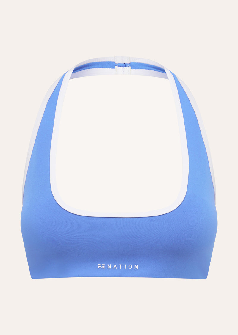 RADAR HALTER SPORTS BRA IN PALACE BLUE BY P.E NATION WOMENS ATHLEISURE SPORTS BRA
