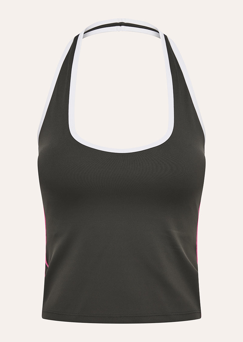 RADAR HALTER TANK IN GUNMETAL BY P.E NATION WOMENS ATHLEISURE HALTER TANK TOP