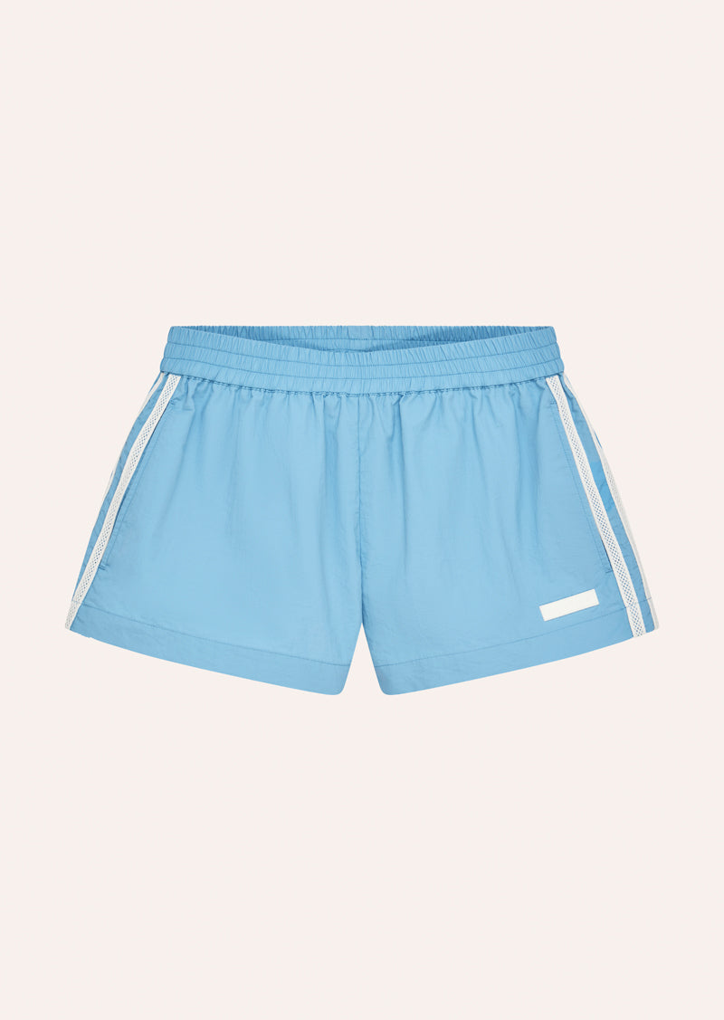 RELAY SPRAY SHORT IN ALASKAN BLUE BY P.E NATION, WOMEN'S ATHLEISURE MINI SHORTS