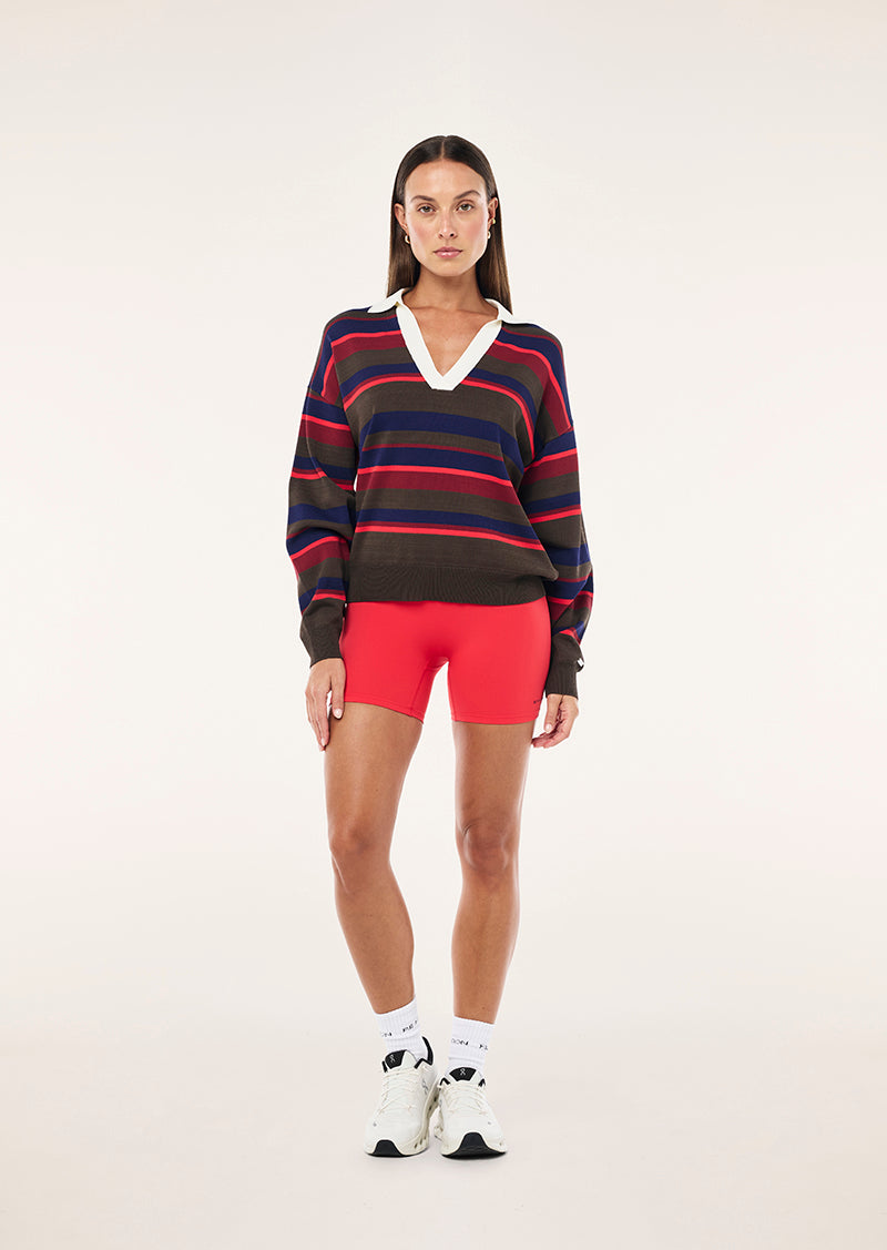 RETREAT STRIPE COLLAR KNIT IN STARWBERRY STRIPE BY P.E NATION, WOMEN'S ATHLEISURE KNIT TOPS