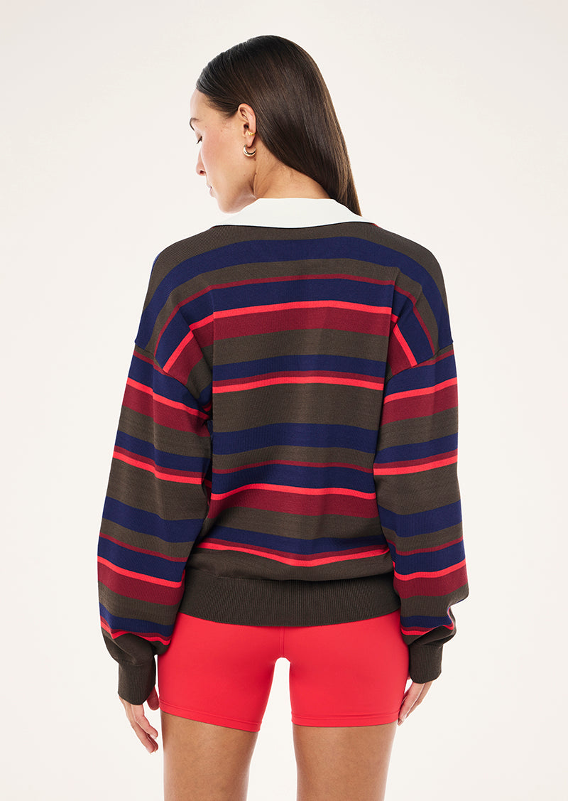 RETREAT STRIPE COLLAR KNIT IN STARWBERRY STRIPE BY P.E NATION, WOMEN'S ATHLEISURE KNIT TOPS