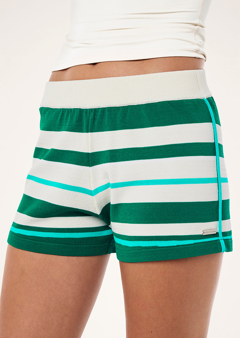 RETREAT STRIPE KNIT SHORT IN COLLEGE GREEN STRIPE BY P.E NATION, WOMEN'S ATHLEISURE KNTWEAR SHORTS