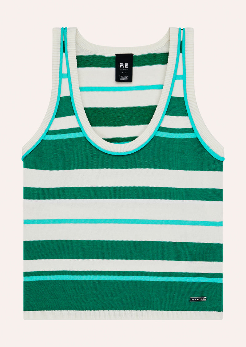 RETREAT STRIPE KNIT TANK IN COLLEGE GREEN STRIPE BY P.E NATION, WOMEN'S ATHLEISURE KNITWEAR