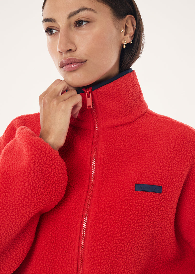 ROTATE SHERPA JACKET IN COLLEGE RED & DARK NAVY