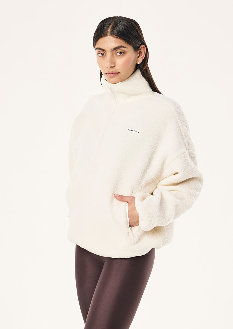ROTATE QUARTER ZIP IN WHISPER WHITE BY P.E NATION, WOMEN'S ATHLEISURE SHERPA JACKETS