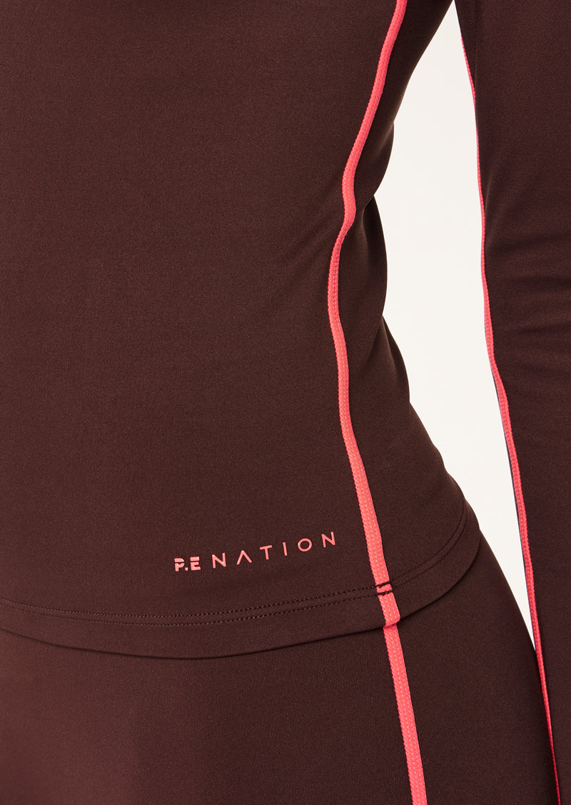 ROUTINE QUARTER ZIP LONG SLEEVE IN MAHOGANY & DIVA PINK