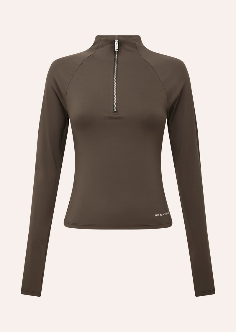 ROUTINE QUARTER ZIP LONG SLEEVE TOP IN WALNUT BY P.E NATION, WOMENS ATHLEISURE LONG SLEEVE TOP BROWN