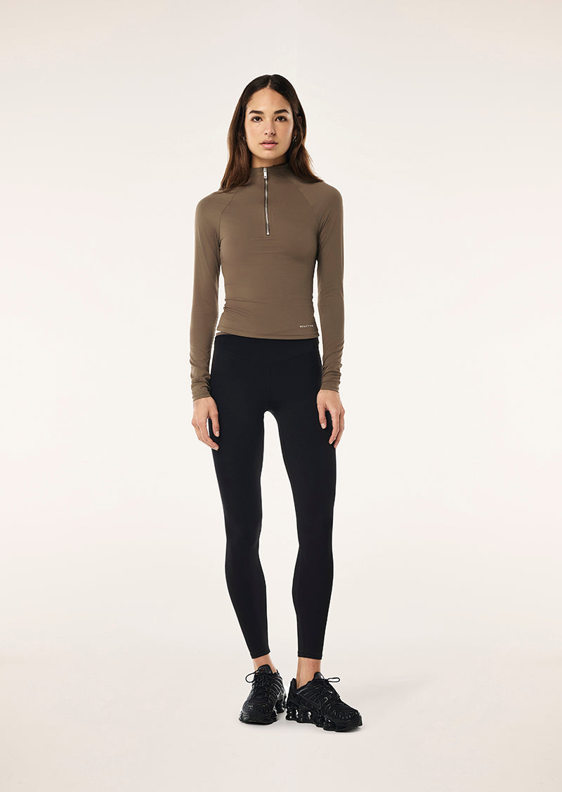 ROUTINE QUARTER ZIP LONG SLEEVE TOP IN WALNUT BY P.E NATION, WOMENS ATHLEISURE LONG SLEEVE TOP BROWN