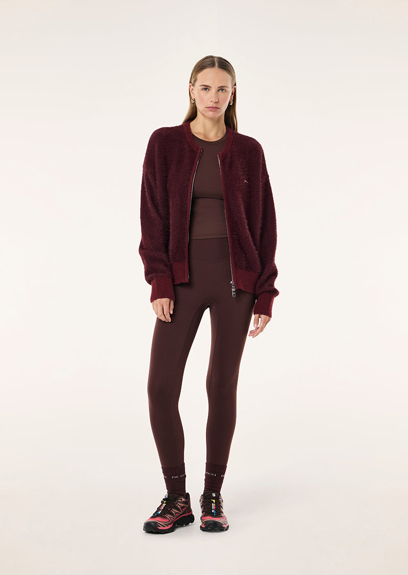 Sable Stripe Knit Bomber in Mahogany Stripe by P.E Nation, Women's Athleisure Knit jacket